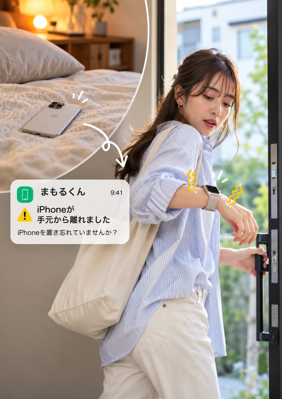 玄関を出る瞬間、Apple WatchがiPhoneの置き忘れを通知する様子